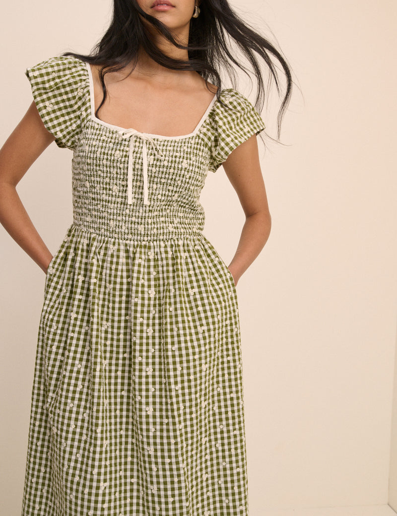 Green Gingham Embroidered Shirred Mindy Midi Dress