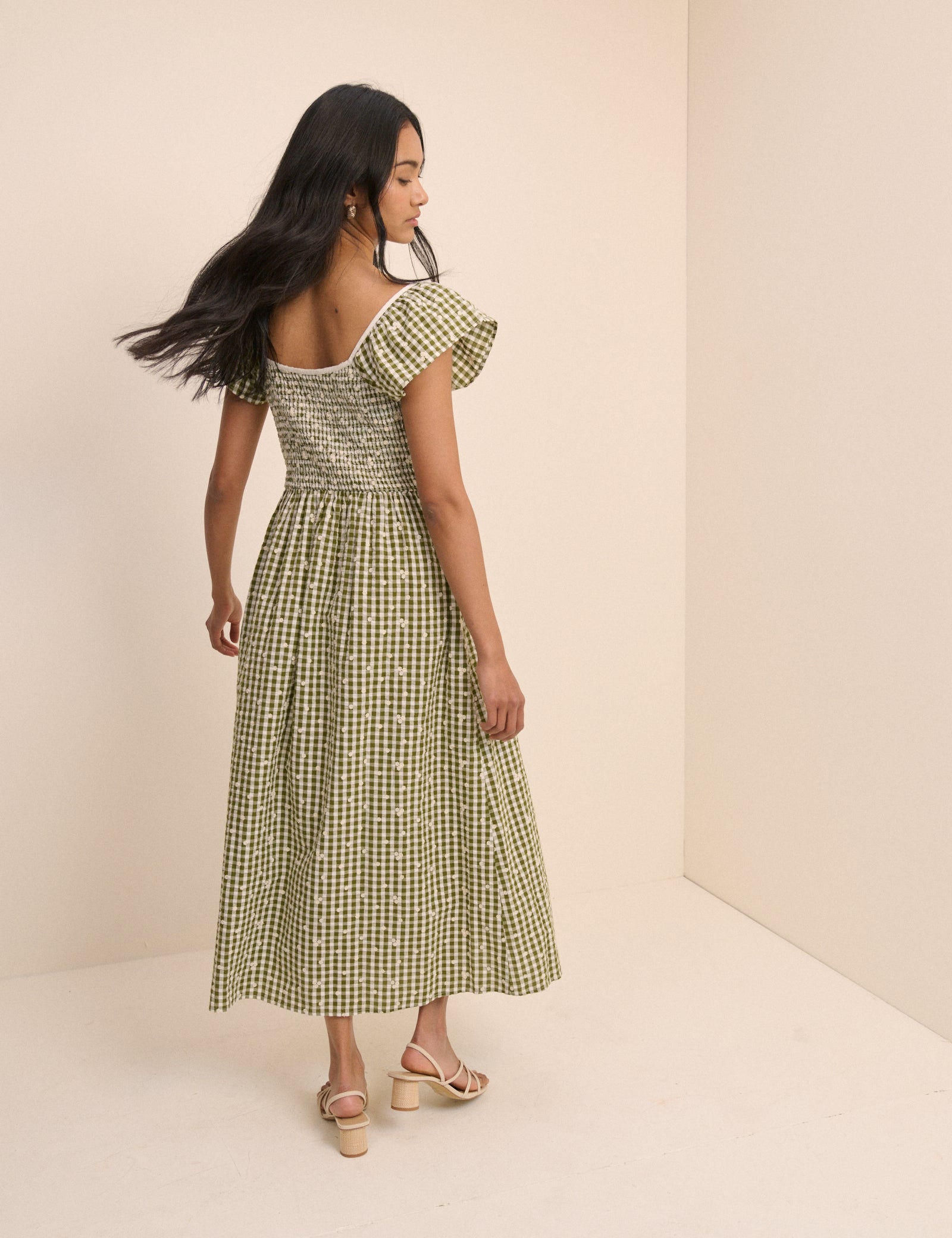 Green Gingham Embroidered Shirred Mindy Midi Dress
