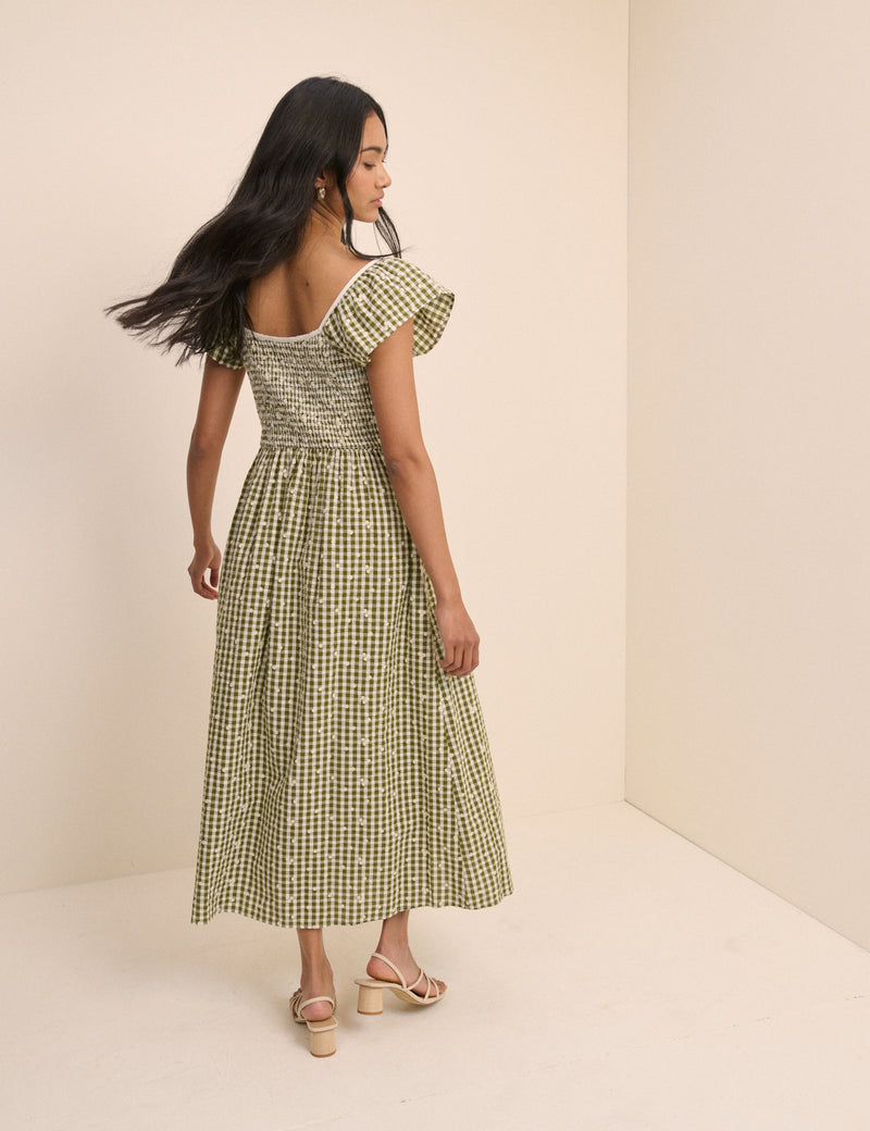 Green Gingham Embroidered Shirred Mindy Midi Dress