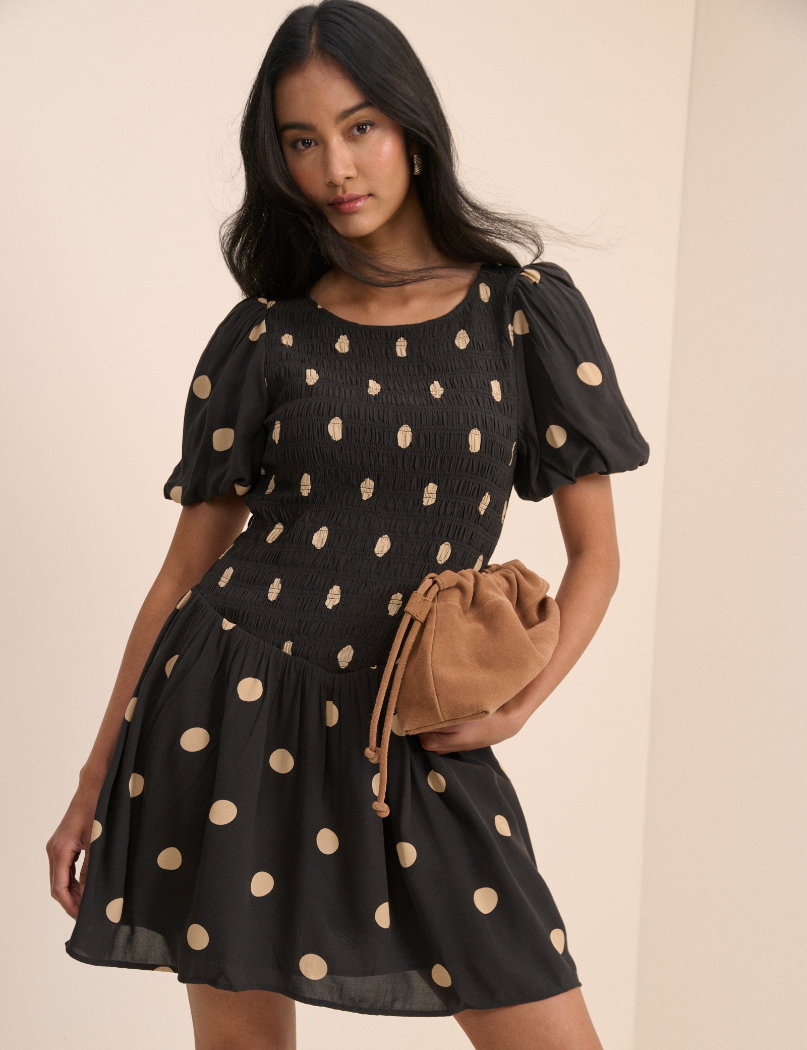 Black Polka Dot Shirred Landy Mini Dress