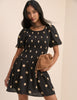Black Polka Dot Shirred Landy Mini Dress