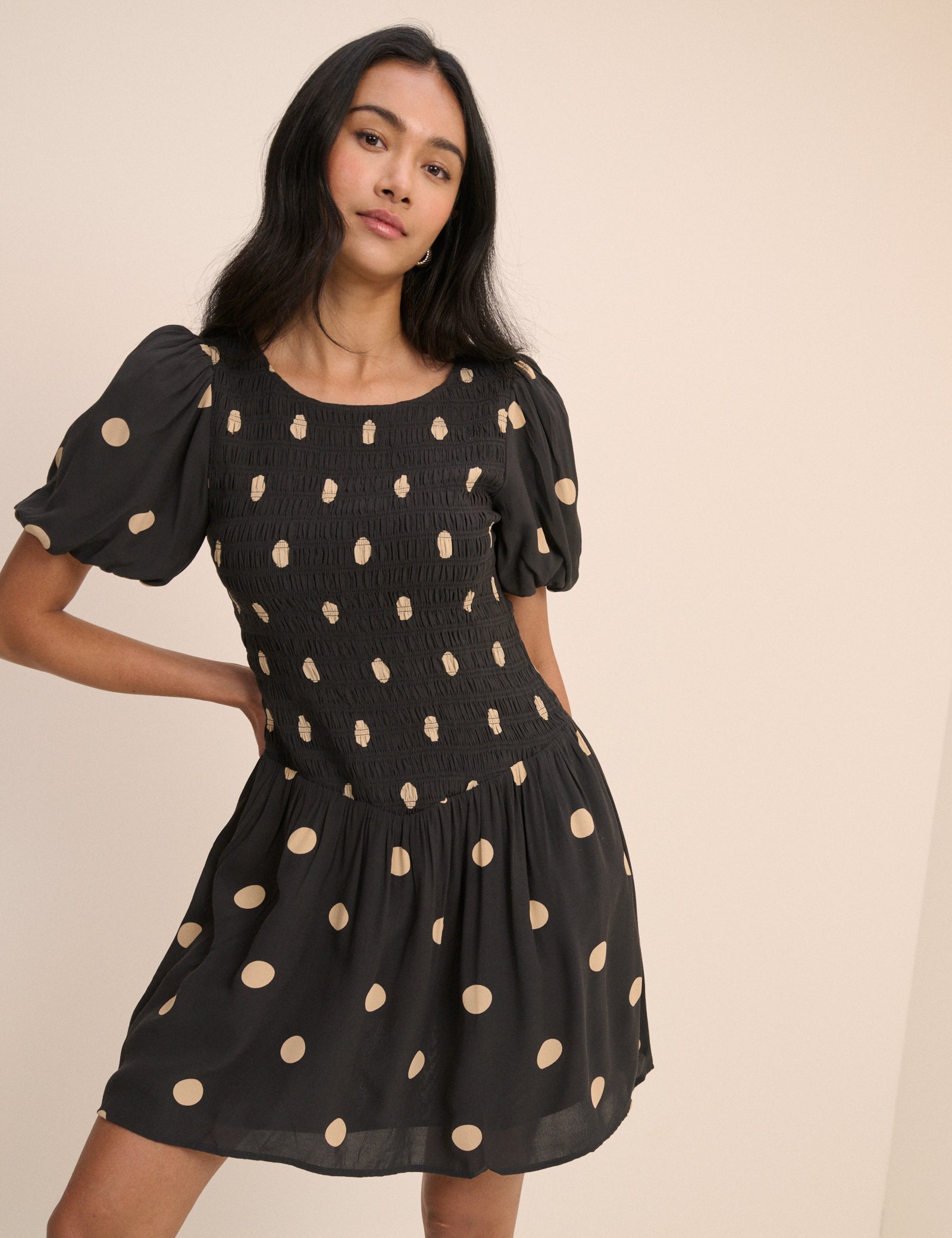 Black Polka Dot Shirred Landy Mini Dress