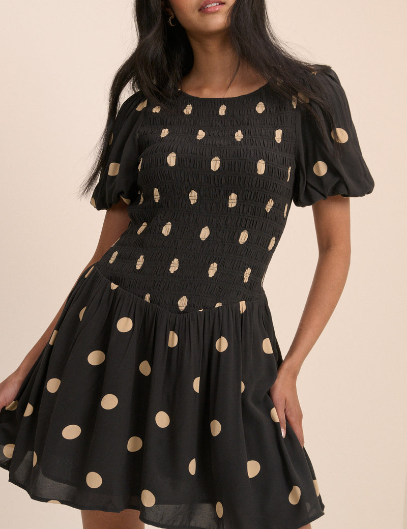 Black Polka Dot Shirred Landy Mini Dress