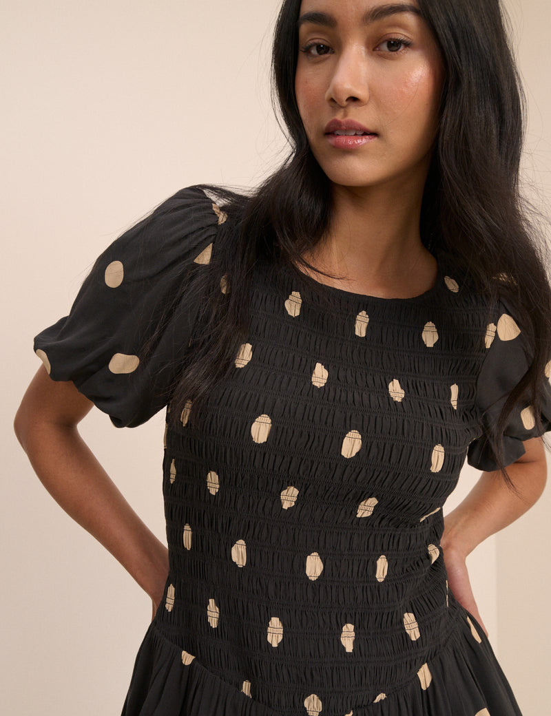 Black Polka Dot Shirred Landy Mini Dress
