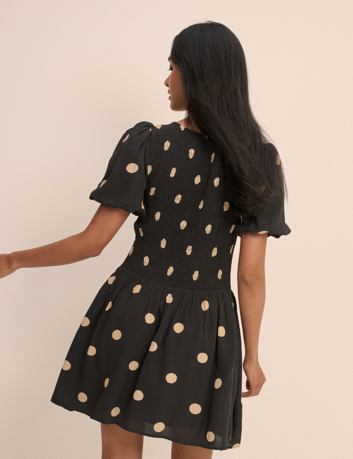 Black Polka Dot Shirred Landy Mini Dress