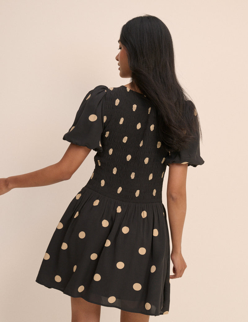 Black Polka Dot Shirred Landy Mini Dress