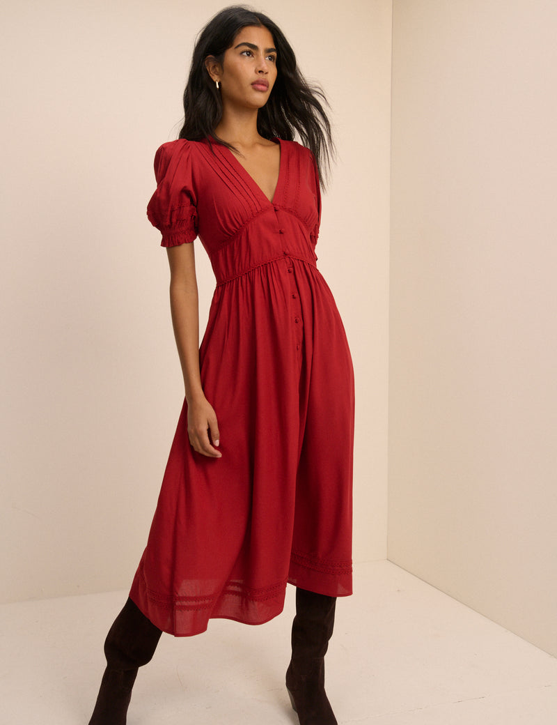 Red Button Front Frances Midi Dress