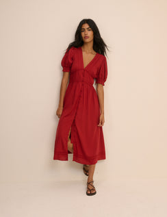 Red Button Front Frances Midi Dress