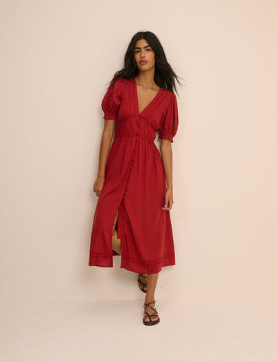 Red Button Front Frances Midi Dress