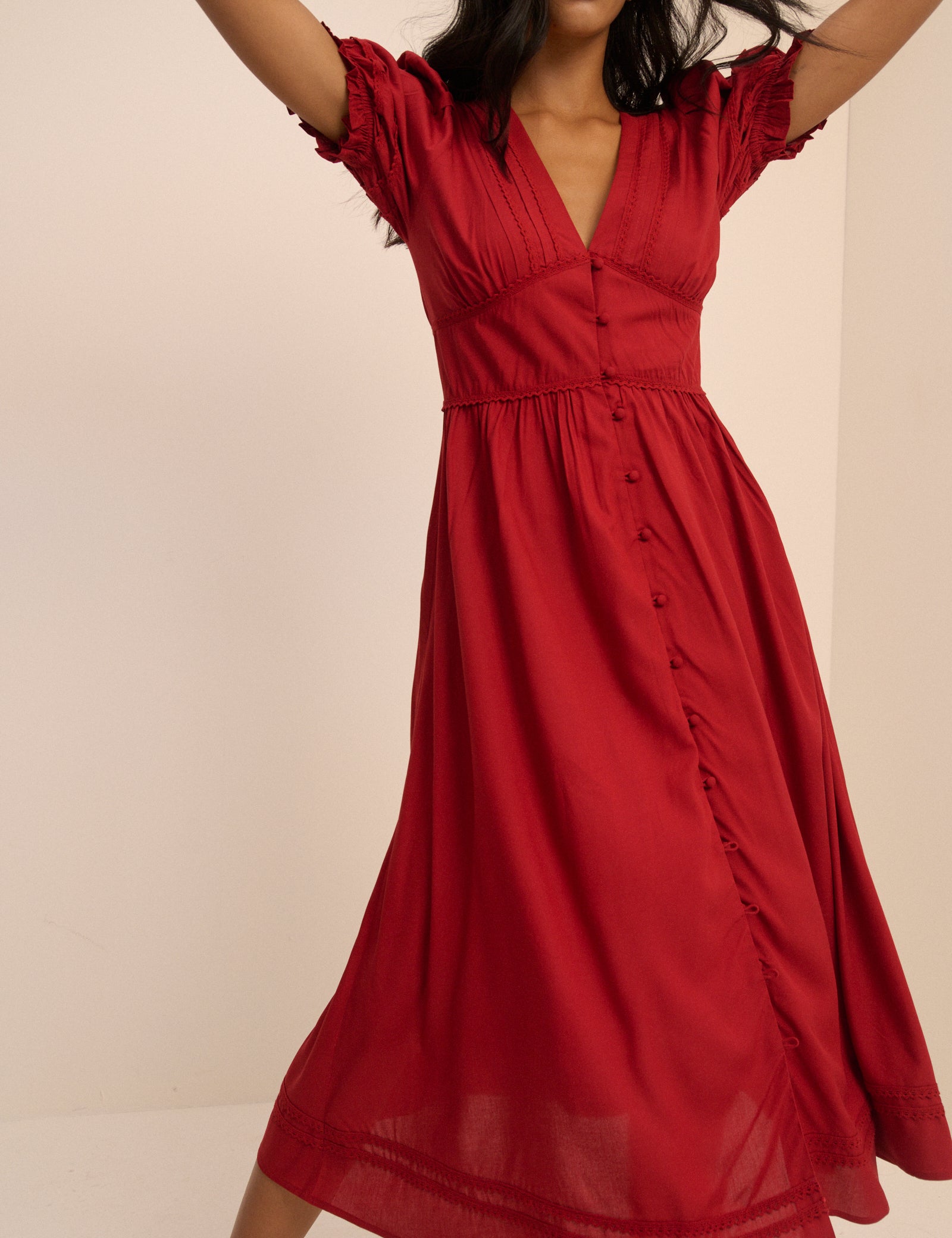 Red Button Front Frances Midi Dress