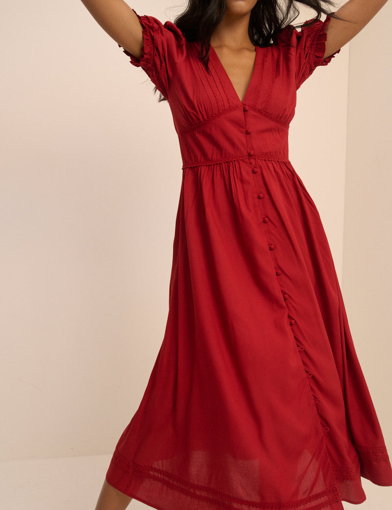 Red Button Front Frances Midi Dress