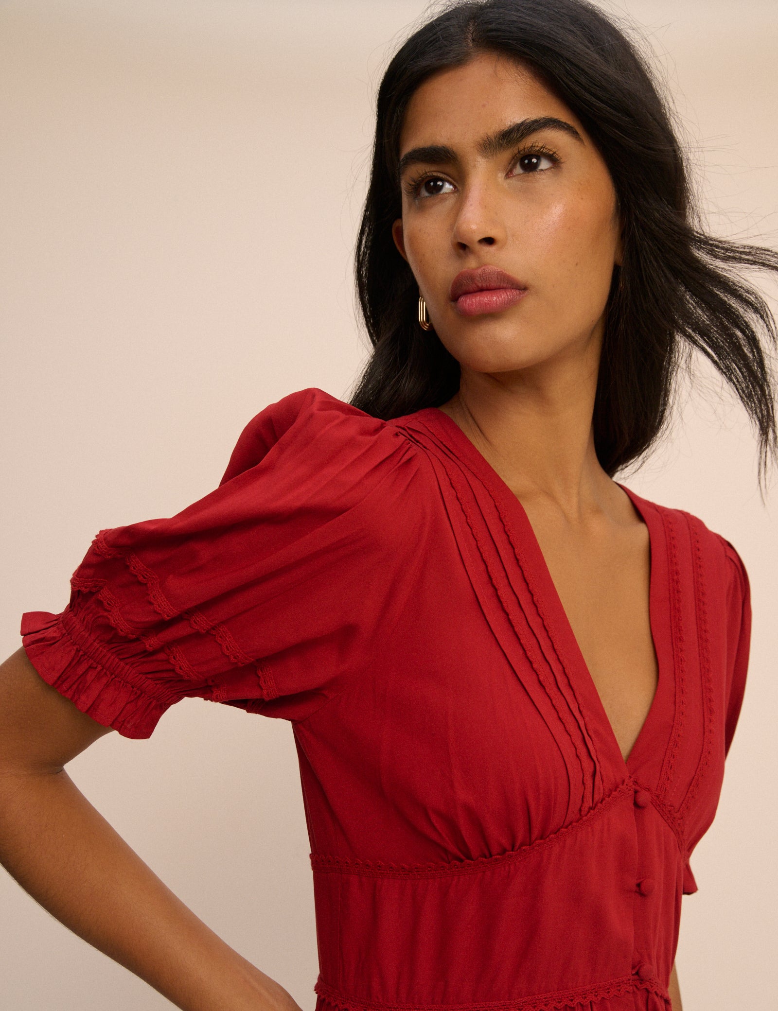Red Button Front Frances Midi Dress