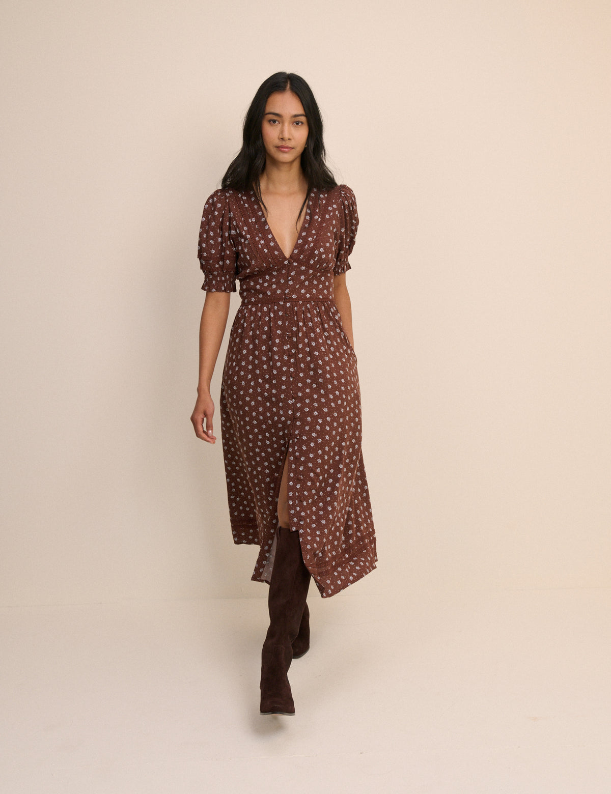 Brown Ditsy Floral Button Front Frances Midi Dress