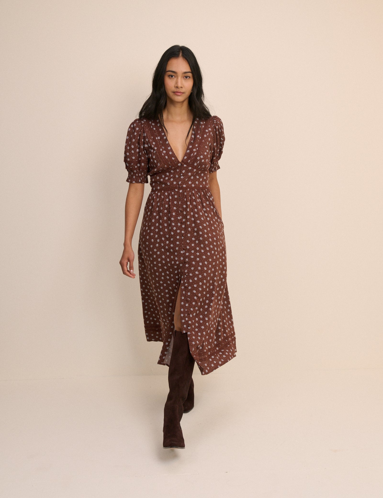 Brown Ditsy Floral Button Front Frances Midi Dress