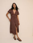 Brown Ditsy Floral Button Front Frances Midi Dress