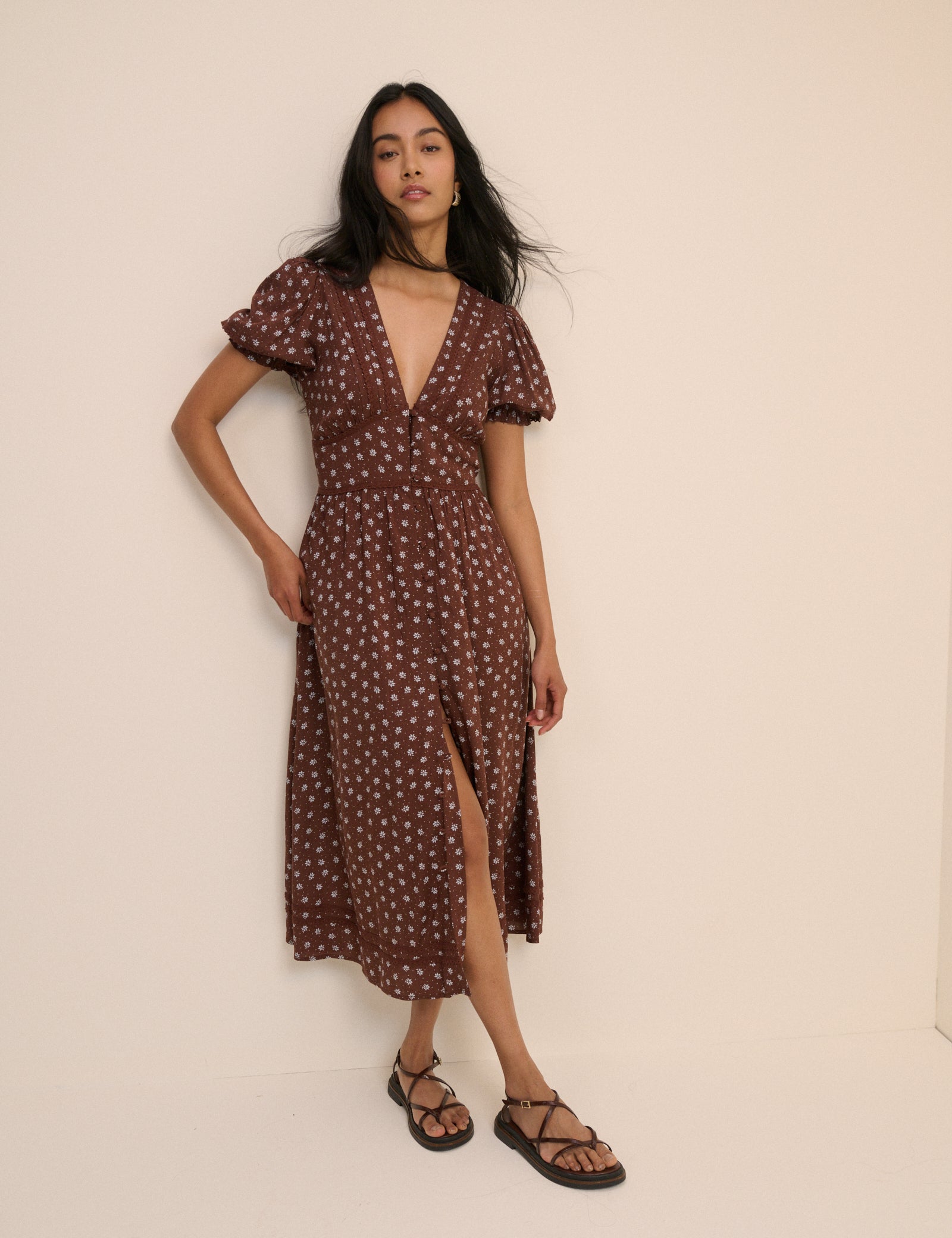 Brown Ditsy Floral Button Front Frances Midi Dress