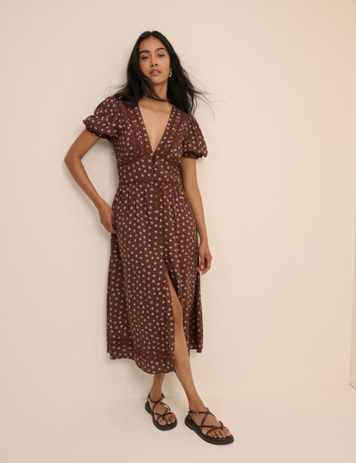 Brown Ditsy Floral Button Front Frances Midi Dress