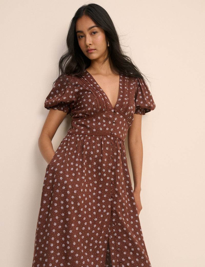 Brown Ditsy Floral Button Front Frances Midi Dress