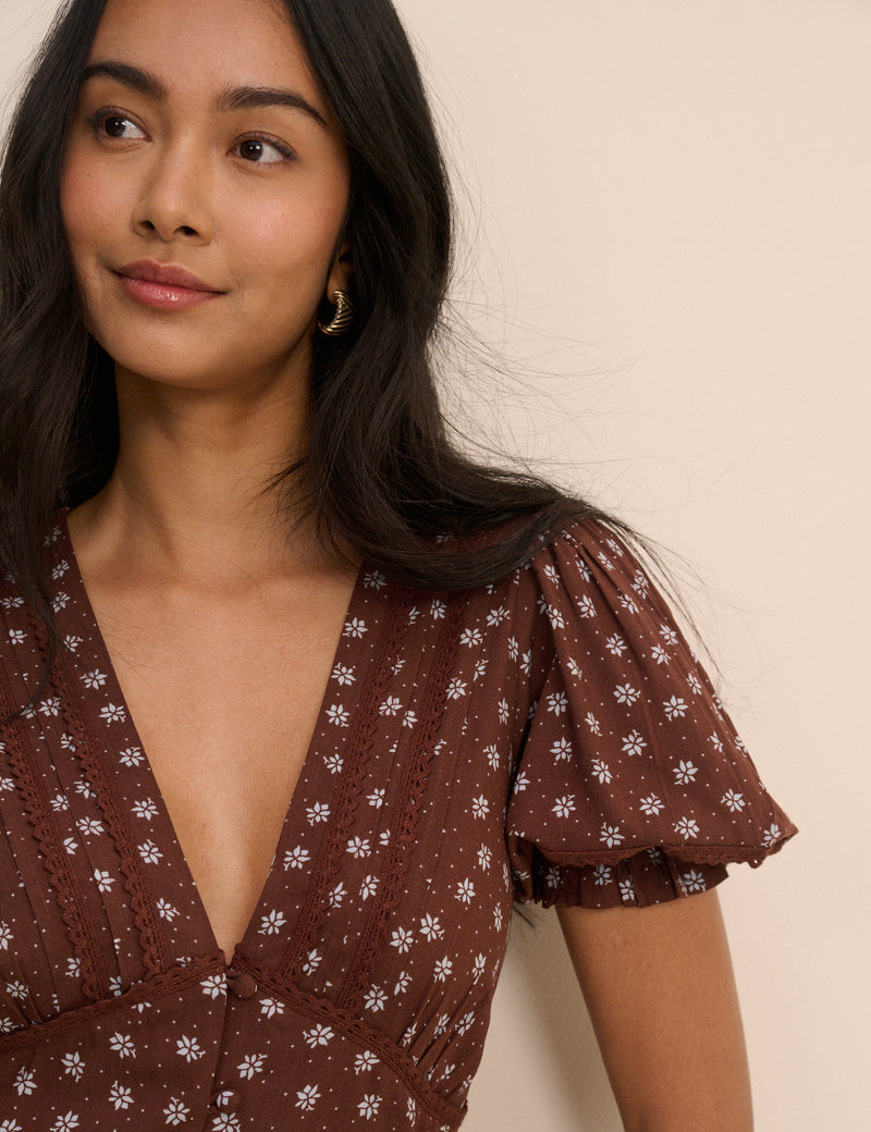 Brown Ditsy Floral Button Front Frances Midi Dress