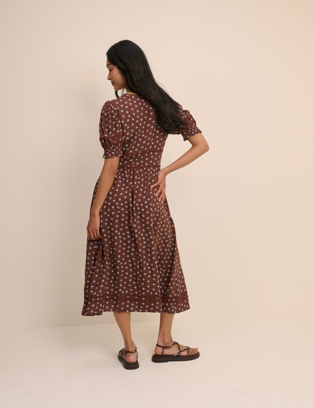 Brown Ditsy Floral Button Front Frances Midi Dress