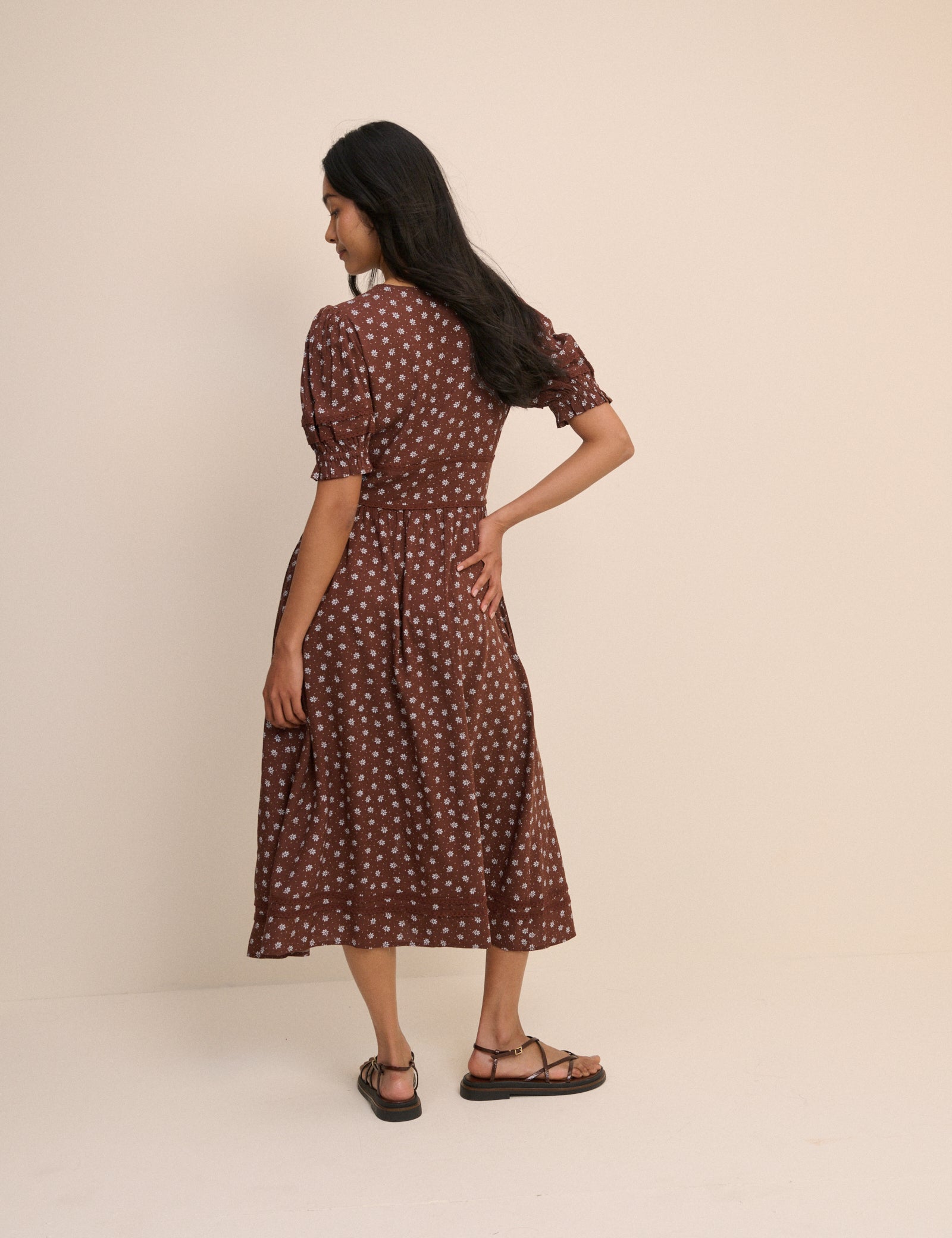 Brown Ditsy Floral Button Front Frances Midi Dress