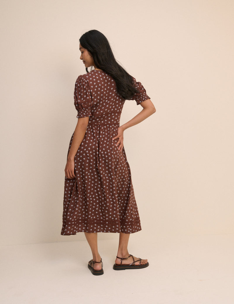 Brown Ditsy Floral Button Front Frances Midi Dress