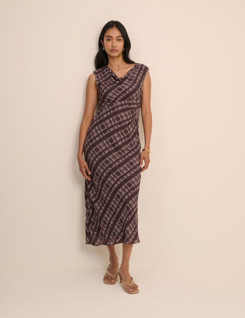 Brown Check Cowl Neck Theo Midi Dress