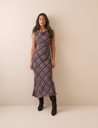 Brown Check Cowl Neck Theo Midi Dress