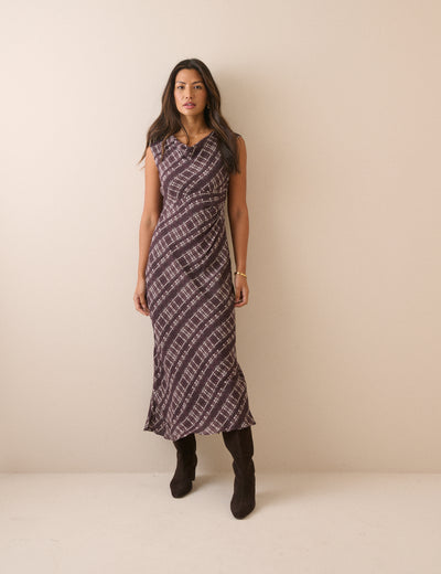 Brown Check Cowl Neck Theo Midi Dress