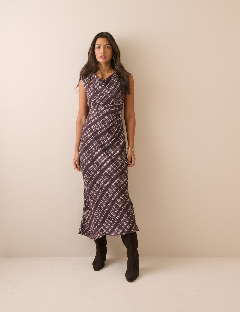 Brown Check Cowl Neck Theo Midi Dress