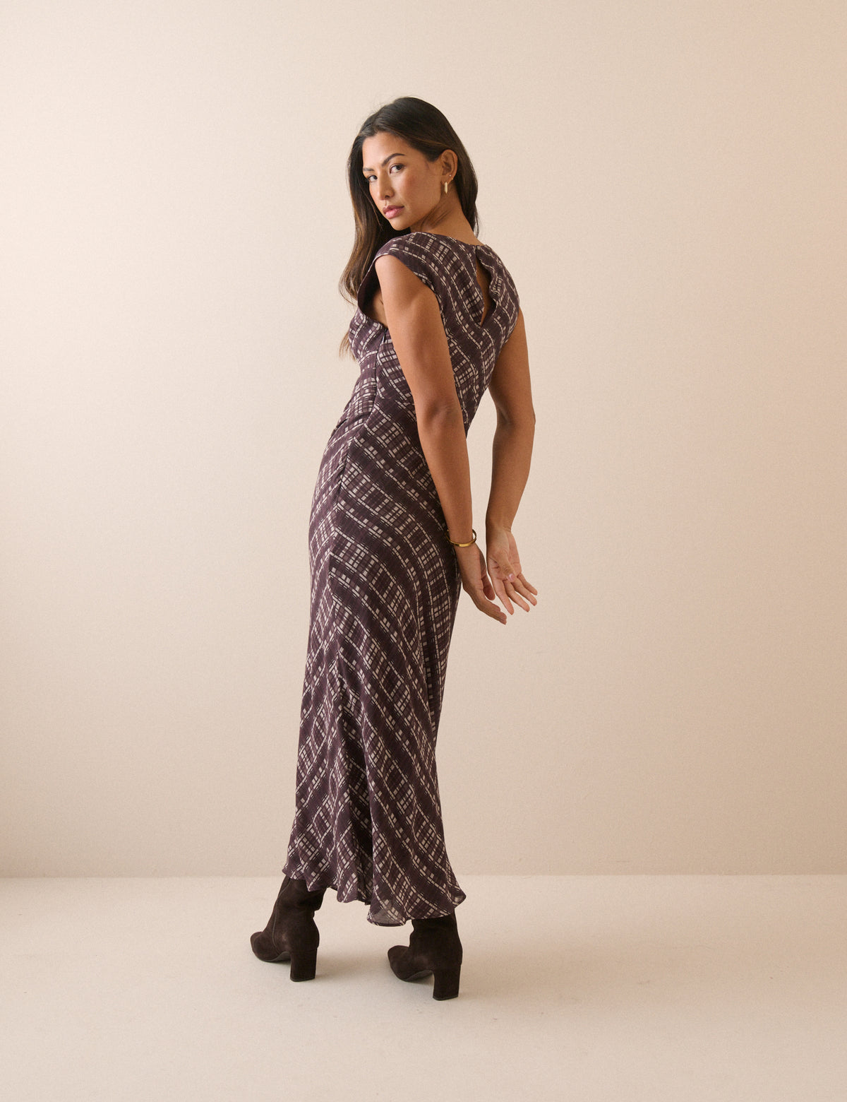 Brown Check Cowl Neck Theo Midi Dress