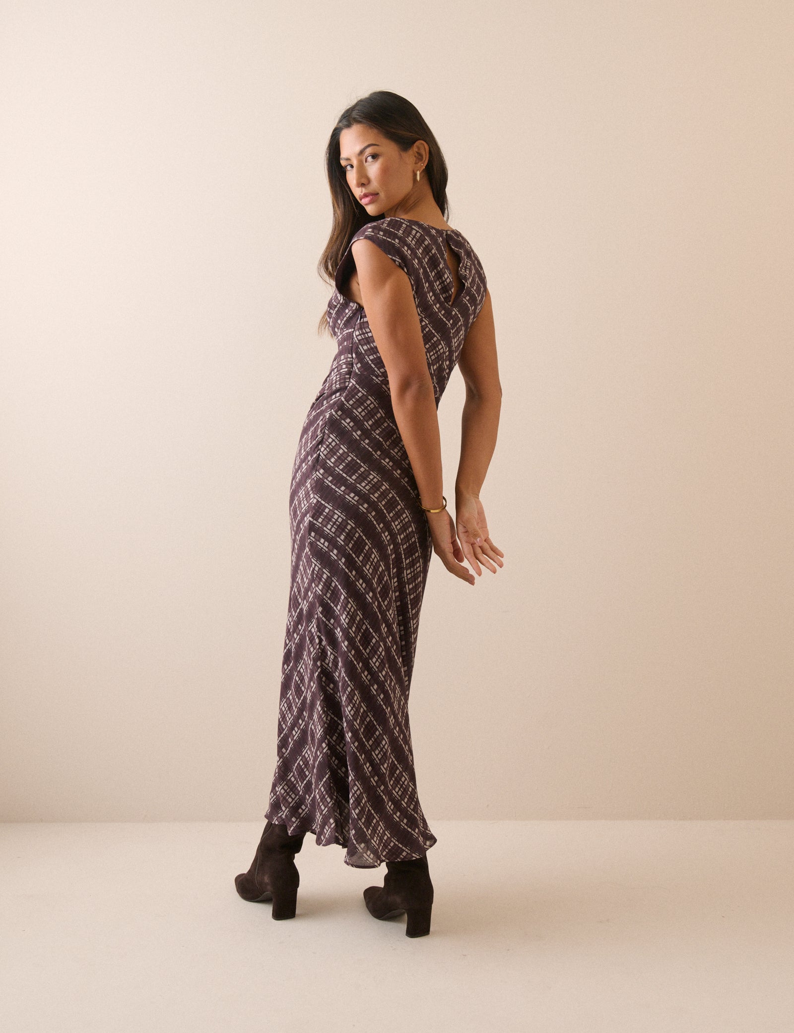 Brown Check Cowl Neck Theo Midi Dress