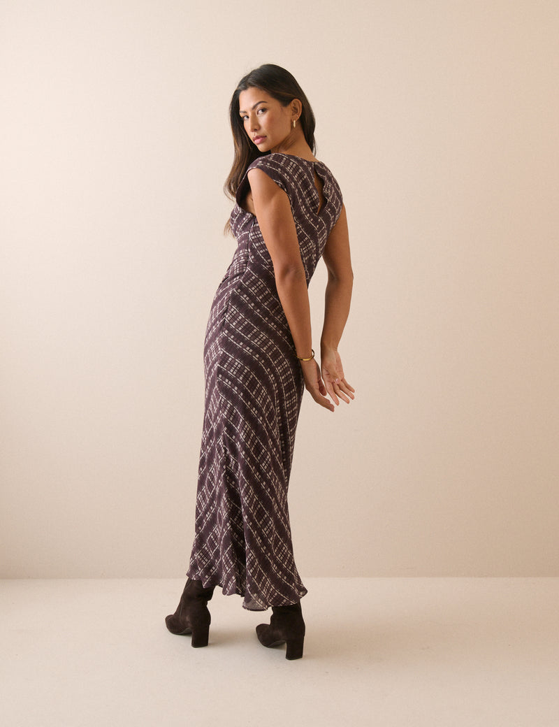 Brown Check Cowl Neck Theo Midi Dress