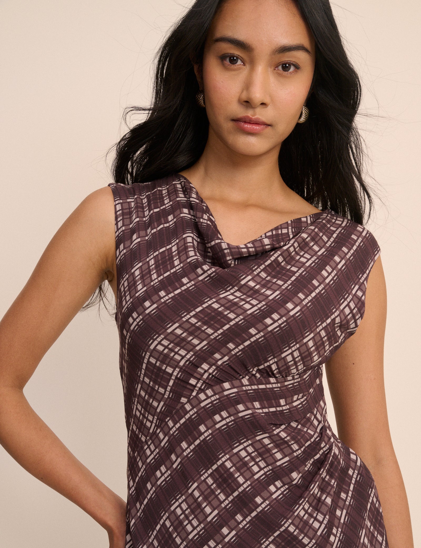 Brown Check Cowl Neck Theo Midi Dress