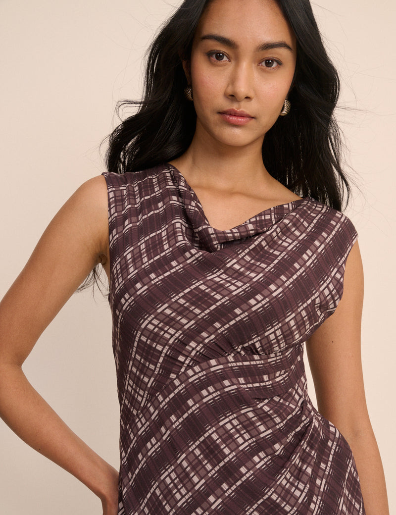 Brown Check Cowl Neck Theo Midi Dress