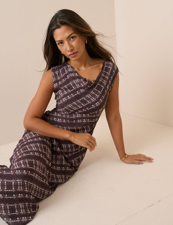 Brown Check Cowl Neck Theo Midi Dress