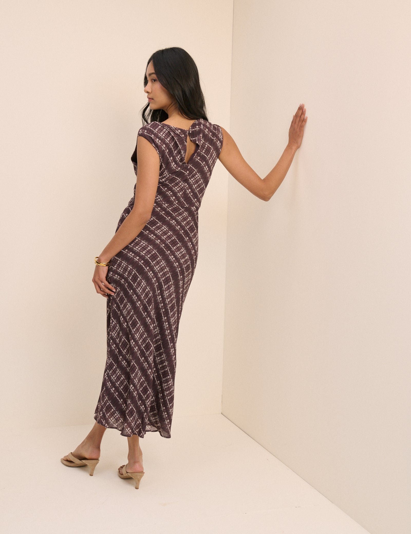 Brown Check Cowl Neck Theo Midi Dress