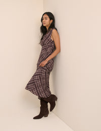 Brown Check Cowl Neck Theo Midi Dress