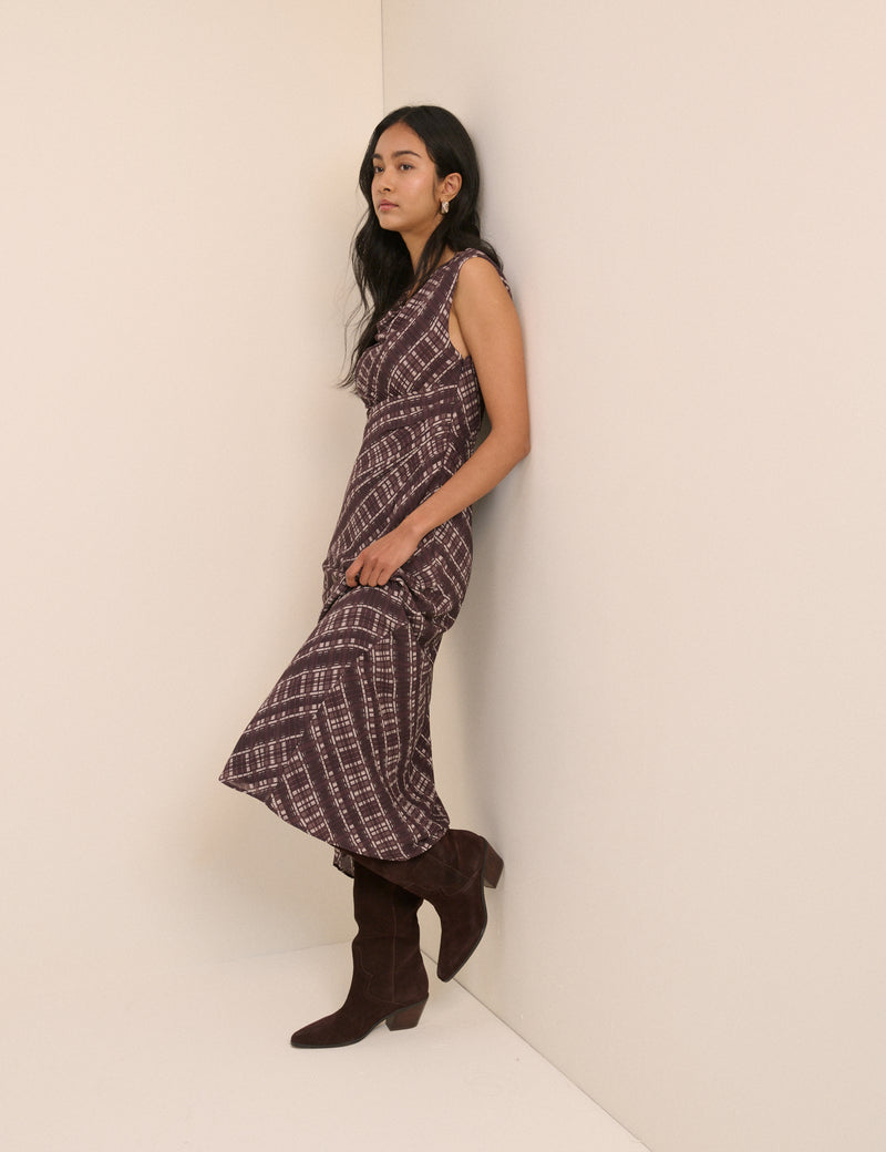 Brown Check Cowl Neck Theo Midi Dress