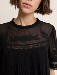 Black Pintuck Lace Trim Tally Mini Dress