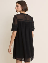 Black Pintuck Lace Trim Tally Mini Dress