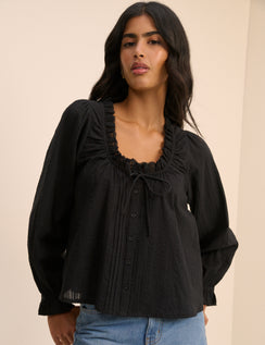 Black long sleeve blouse with lace trim