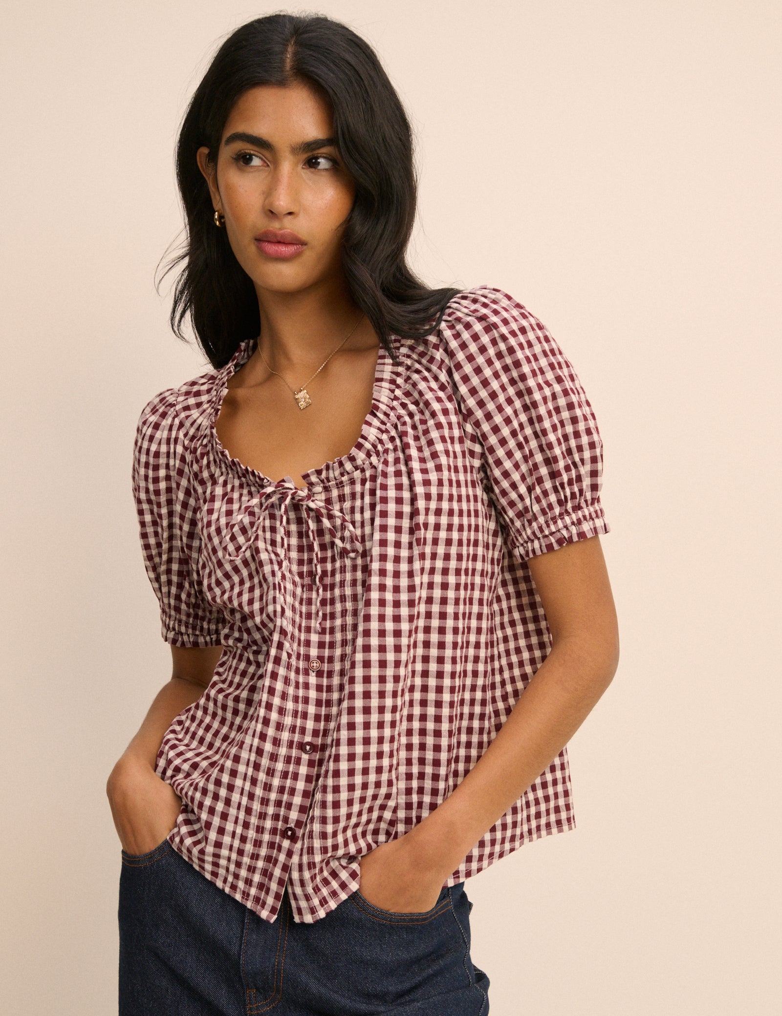 Burgundy Gingham Puff Sleeve Lumi Blouse