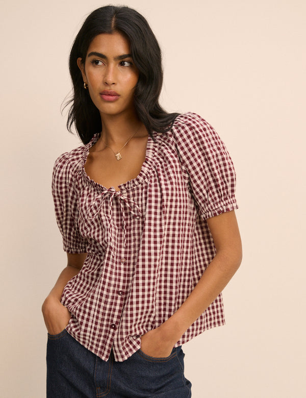 Burgundy Gingham Puff Sleeve Lumi Blouse