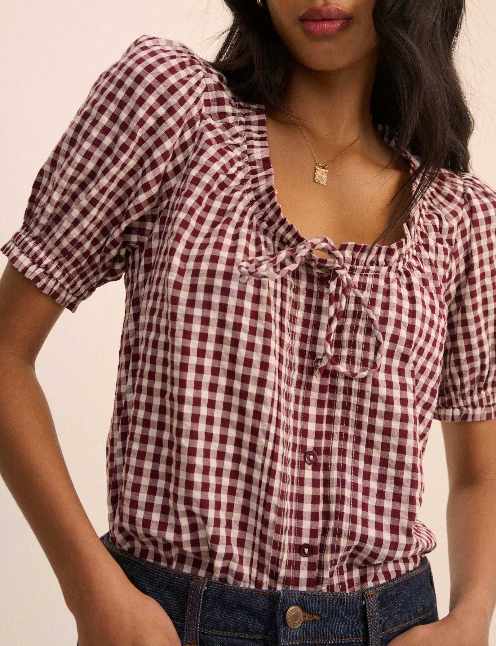 Burgundy Gingham Puff Sleeve Lumi Blouse
