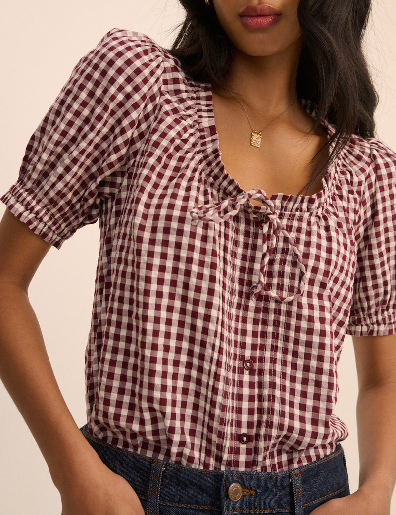 Burgundy Gingham Puff Sleeve Lumi Blouse