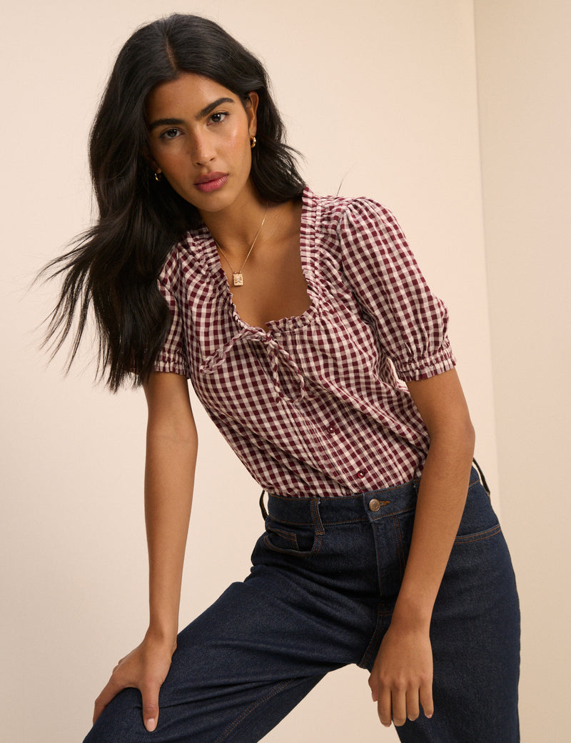 Burgundy Gingham Puff Sleeve Lumi Blouse