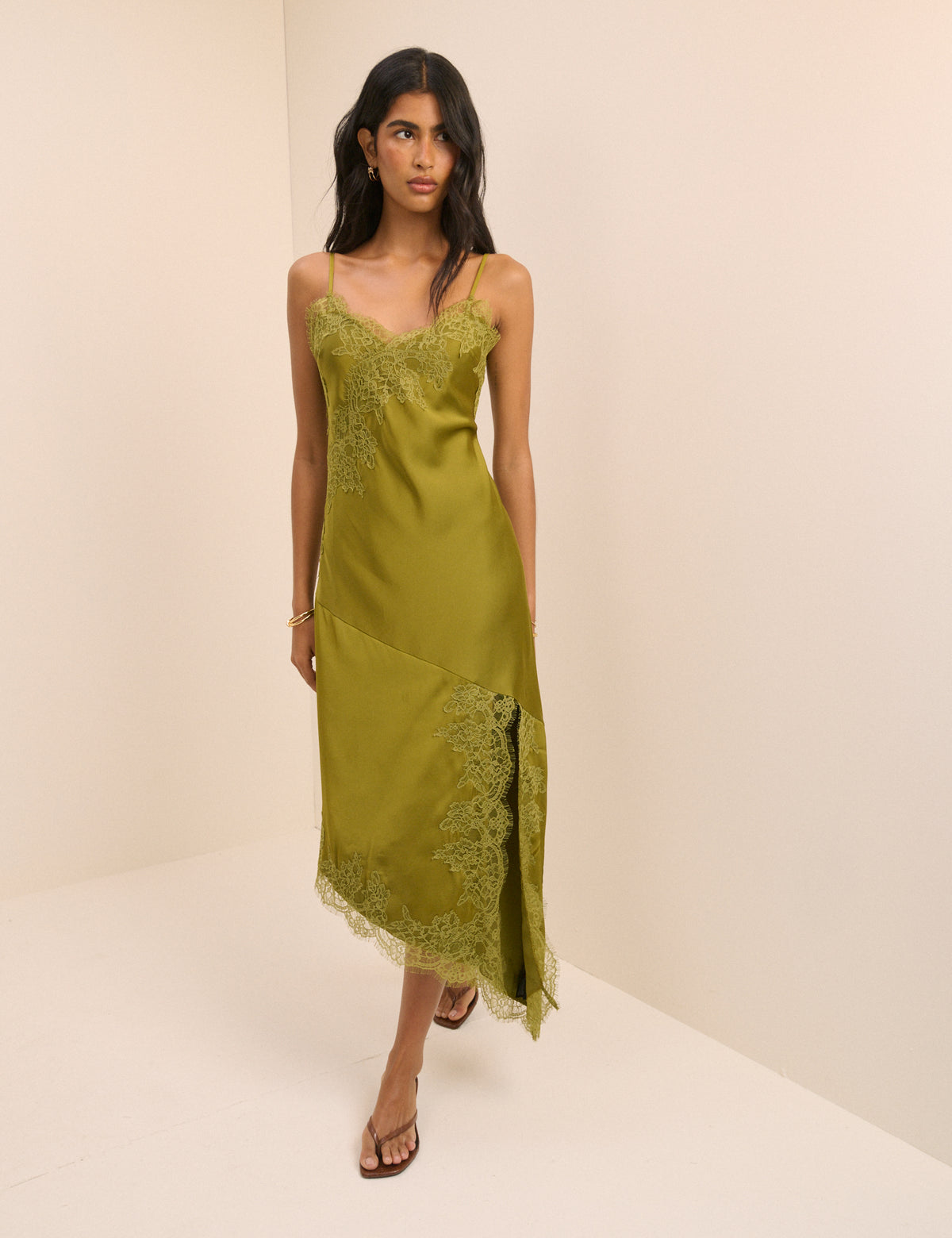 Green Lace Trim Satin Slip Dress