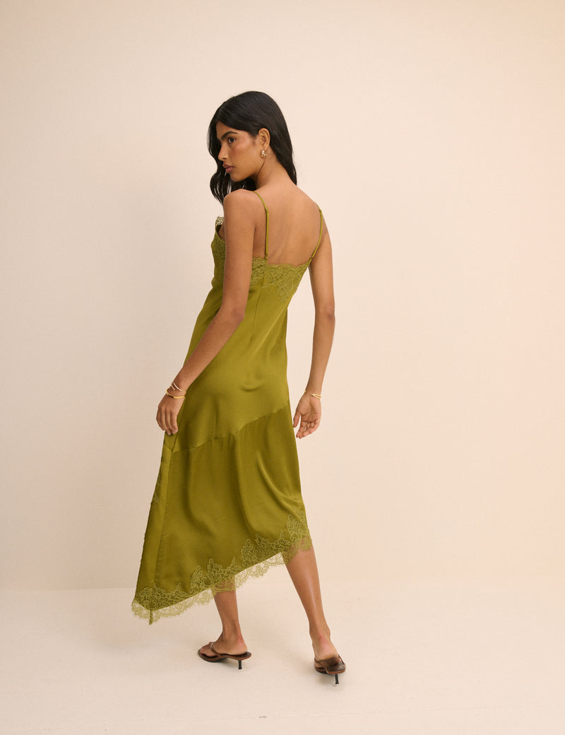 Green Lace Trim Satin Slip Dress