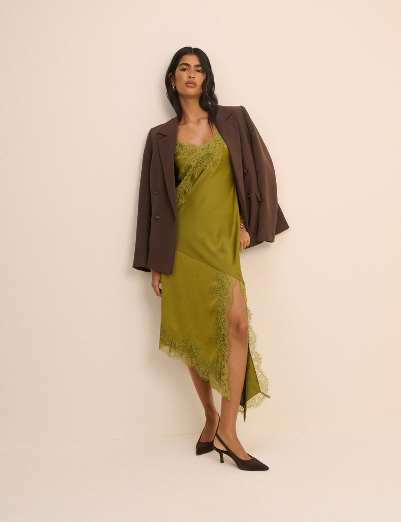 Green Lace Trim Satin Slip Dress